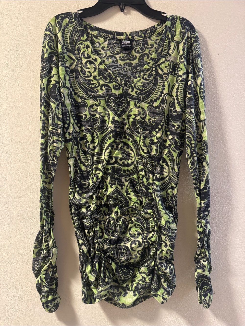 Marika Lime Green and Black Long Sleeve Ruched Print Top